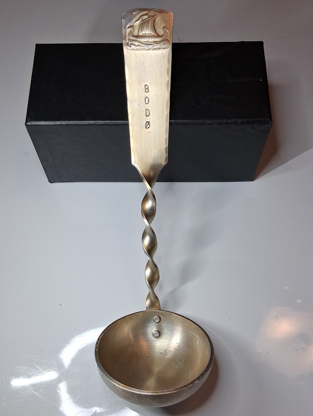 Vintage Norwegian Bodø Viking Ship Spoon Twisted Handle Metal Ladle